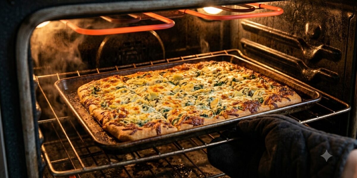 Sheet Pan Spinach Artichoke Dip Pizza