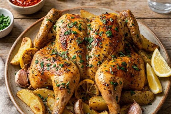 Homemade Portuguese Lemon & Herb Roasted Chicken This classic Portuguese-inspired roasted chicken is bursting with vibrant lemon, aromatic herbs, and a kick of spice. It's a simple yet incredibly flavorful dish perfect for a comforting family meal.