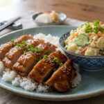 Teriyaki Chicken with Japanese Potato Salad A delightful home-cooked meal featuring tender chicken glazed in a savory-sweet teriyaki sauce, perfectly paired with a creamy, refreshing Japanese-style potato salad