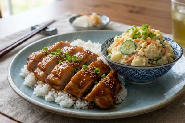 Teriyaki Chicken with Japanese Potato Salad A delightful home-cooked meal featuring tender chicken glazed in a savory-sweet teriyaki sauce, perfectly paired with a creamy, refreshing Japanese-style potato salad