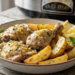 Slow Cooker Greek Lemon Chicken and Potatoes This easy slow cooker recipe delivers tender, flavorful chicken and perfectly cooked potatoes infused with bright lemon and aromatic herbs. It's a comforting and delicious Greek-inspired meal with minimal effort.