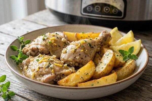 Slow Cooker Greek Lemon Chicken and Potatoes This easy slow cooker recipe delivers tender, flavorful chicken and perfectly cooked potatoes infused with bright lemon and aromatic herbs. It's a comforting and delicious Greek-inspired meal with minimal effort.